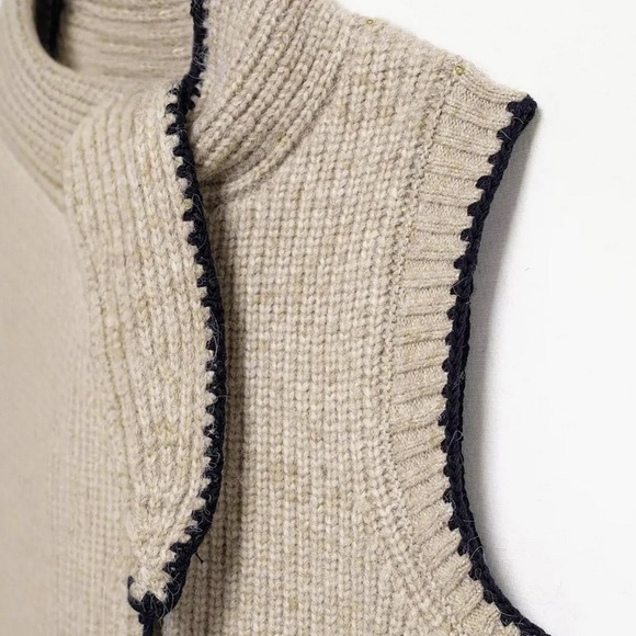 Commense Tie Neck Contrast Trim Button Sweater Vest Size L NWT In Khaki - Picture 5 of 13